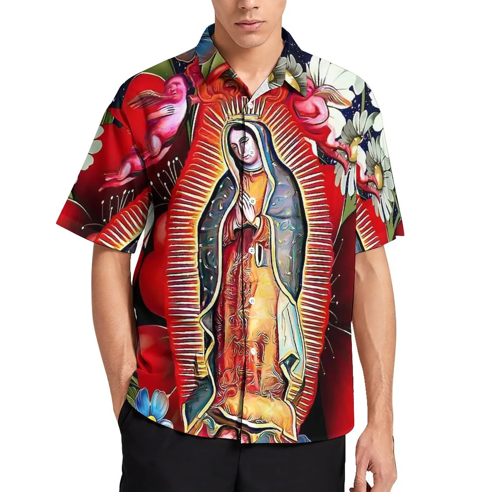 Mexikói Szűz Mária Alkalmi Ing Our Lady of Guadalupe Nyaralás Laza Póló Hawaii Y2K Blúz, Rövid Ujjú Túlméretezett Ruhák