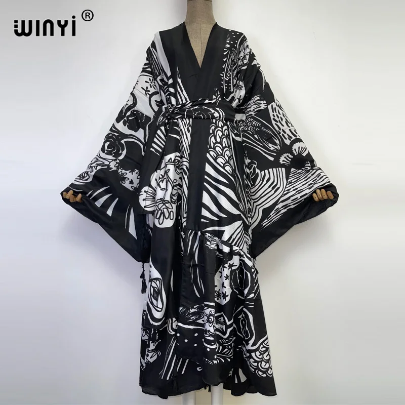 WINYI Női kimonó divat, elegáns, Klasszikus, Fekete-fehér nyomtatás bohém kaftán Derék pecsét abaya Ruha, hosszú Ujjú Alkalmi Kaftán