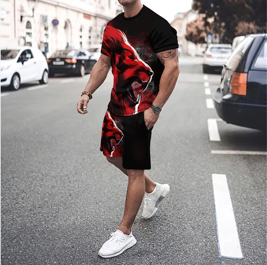 Állat 3D nyomtatás férfi kerek nyakú, sportruházat meghatározott nyári póló, rövidnadrág, 2 darabos készlet nagy pulóver divat férfi ruházat