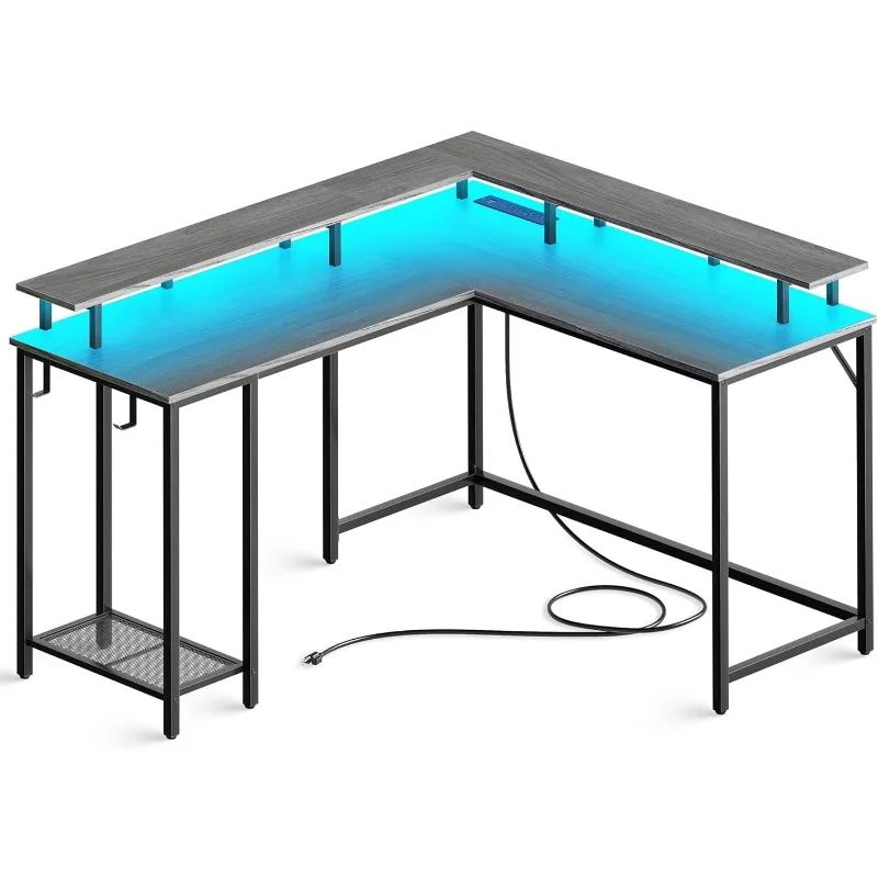 L Alakú Számítógépes Asztal a konnektorból & LED-es Lámpák, Szerencsejáték Íróasztal Monitor Állvány & Tároló Polc
