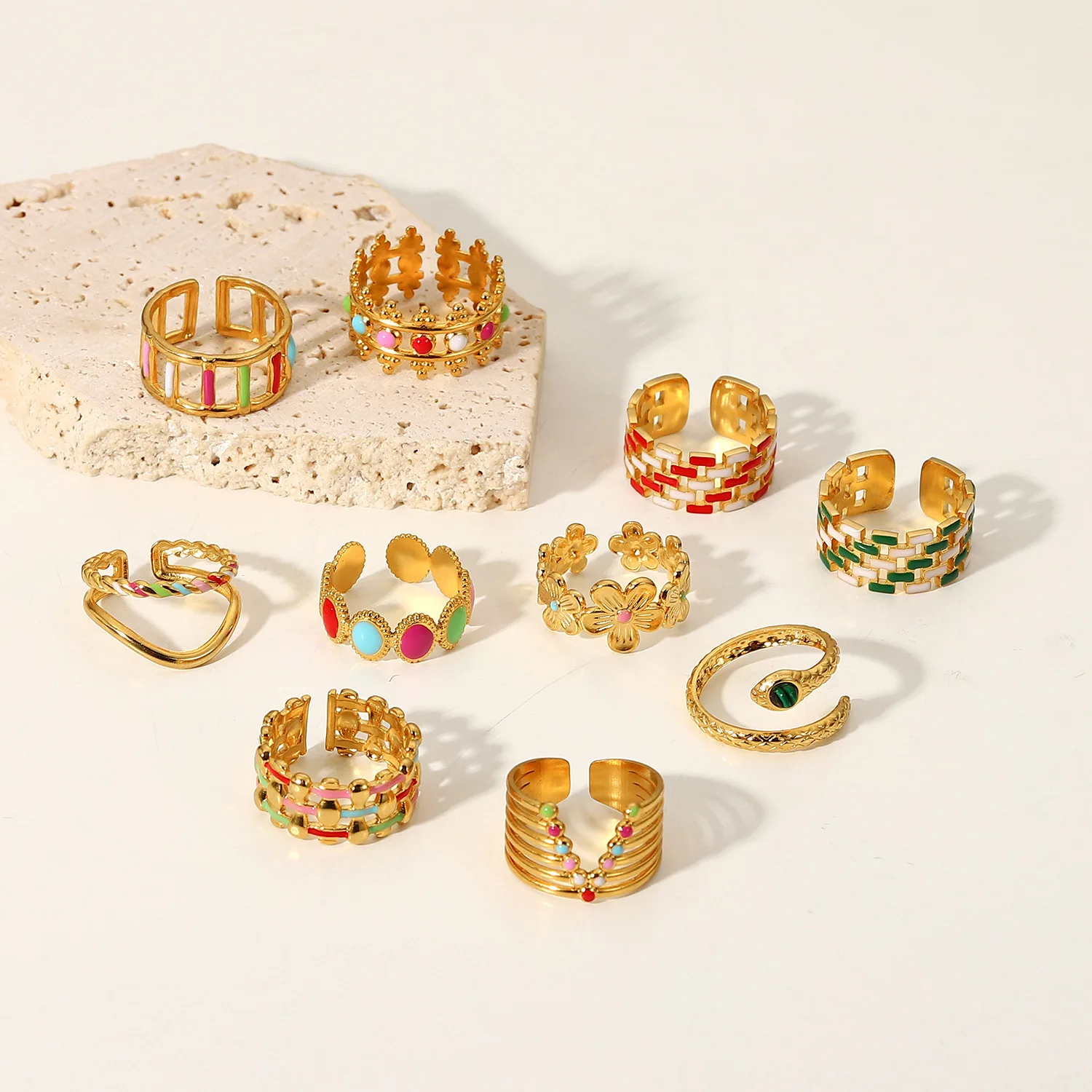 TAWAS Rozsdamentes Acél Színes Gyűrű 18k Aranyozott Üreges Ki Nyitó Geometriai Gyöngyös Gyűrű-Korea Női Divat, Ékszerek